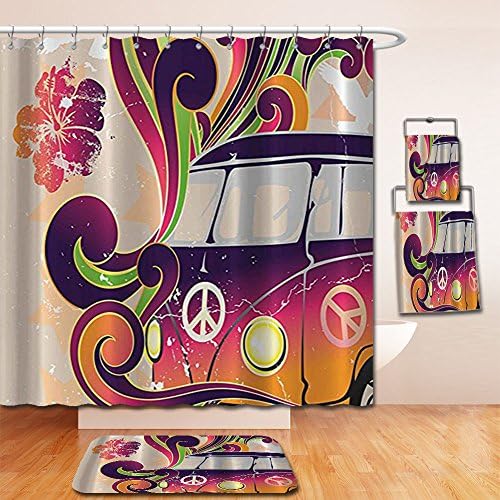 LiczHome Bath Suit: Showercurtain Bathrug Bathtowel Handtowel Boho Decor Peace Van Funny Minivan Caravan Hippie Hippy Bohemian Cute Minivan Peace Sign Symbol Emblem Paisley Etra Eplorer Decor Beige Pu