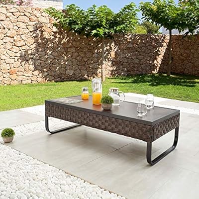 Festival Depot Patio Table Rattan Woven Wicker Coffee Table with Aluminum Tabletop and All Weather Outdoor Furniture for… 61fr%2BBxf1fL