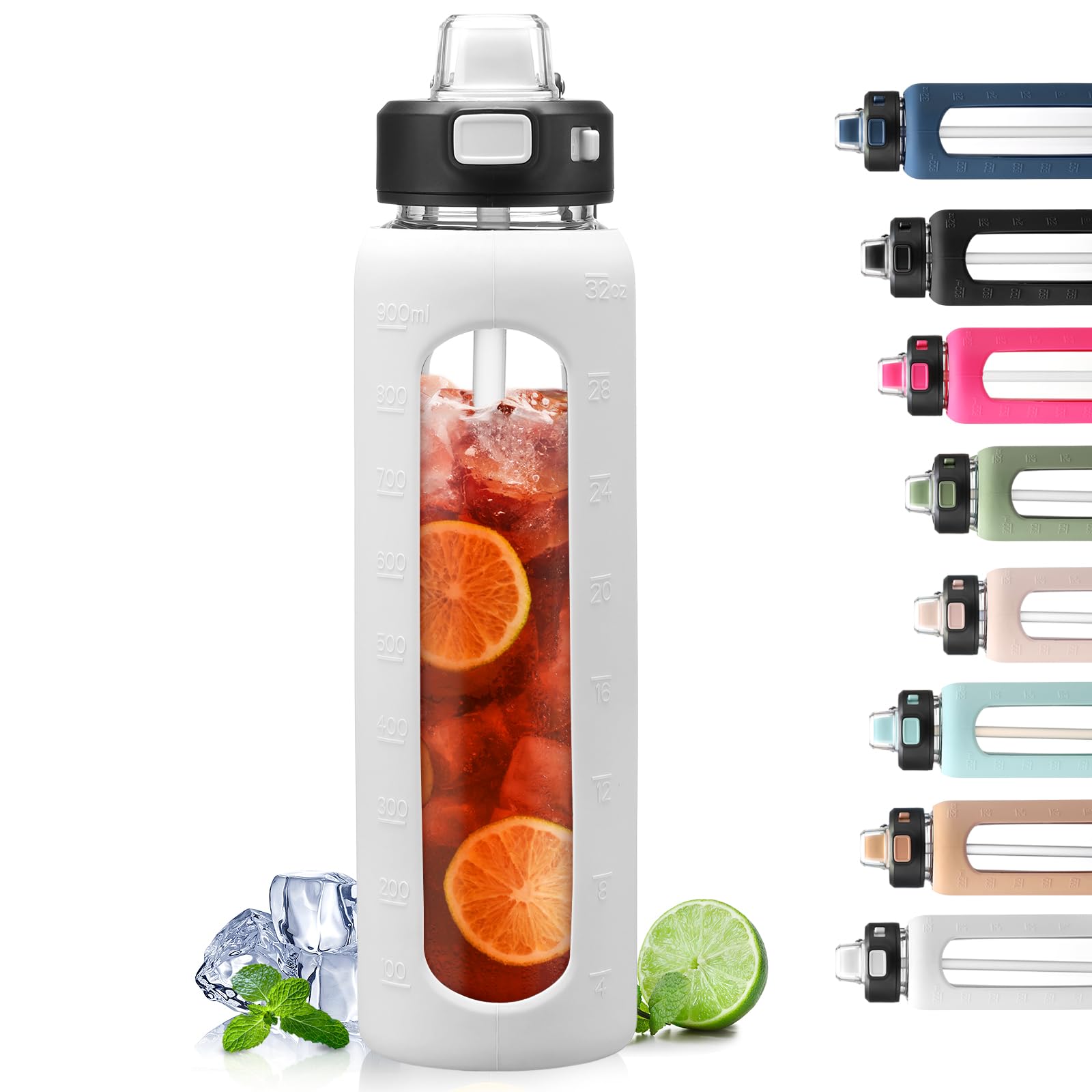 BLUEGO 900ml Glass Water Bottle with Handle and Straw Drinking Hydration Bottle with Silicone Sleeve and Time Marking Motivational Water Bottle for Gym Sports Outdoor Leak-proof,White