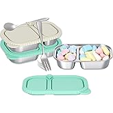 Acellegic 2 Pack Stainless Steel Snack Containers 2 Compartment Snack Containers with Lids Lunch Container 14 oz Food Box for Adult Outdoor Camping (Green,White)