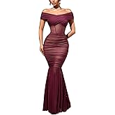 CurvySweet Women’s Convertible Off The Shoulder Maxi Dress Built-in Bra Bodycon Ruched Mesh Formal Evening Dresses for Women
