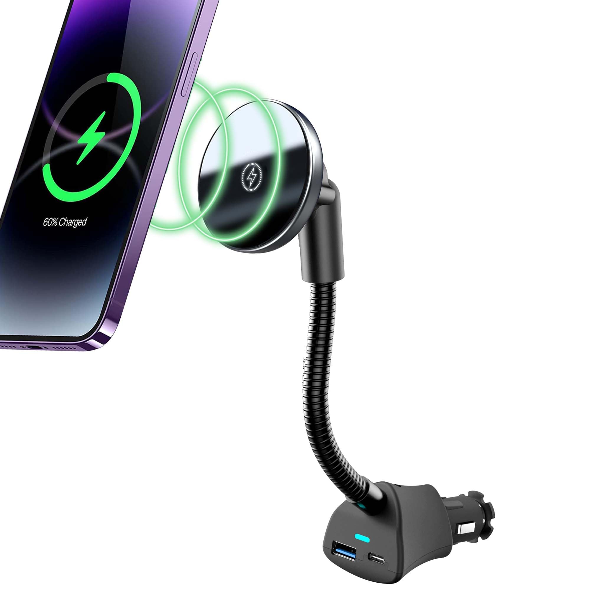 Photo 1 of for Mag-Safe Car Mount Charger 15W iPhone Wireless Car Cigarette Lighter Phone Charger, Cigarette Lighter Phone Mount with Dual Port PD&QC3.0 Fast Charging for iPhone 17 16 15 Pro Plus Max 14 13 12