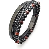 VANFORWYN Mens Tiger Eye Matte Black Onyx Beaded Bracelet Black Braided Genuine Leather Bracelet Stainless Steel Bangle 8mm Natural Protection Stone Gifts for Men