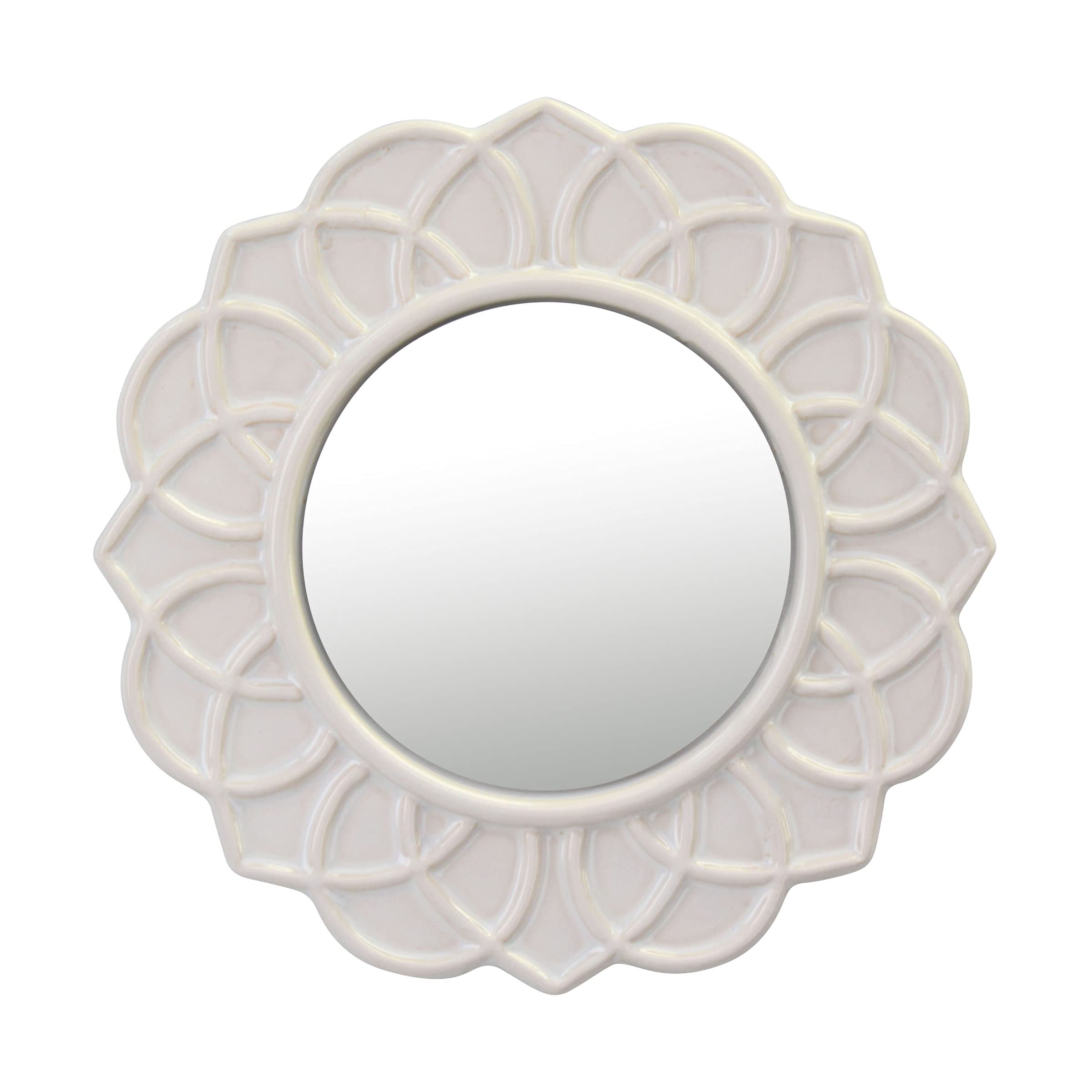 Stonebriar Decorative 9" Ivory Round Floral Ceramic Accent Wall Mirror with Attached Hanging Loop, Decorative Decor for the Living Room, Bedroom, Bathroom, Hallway, and Entryway