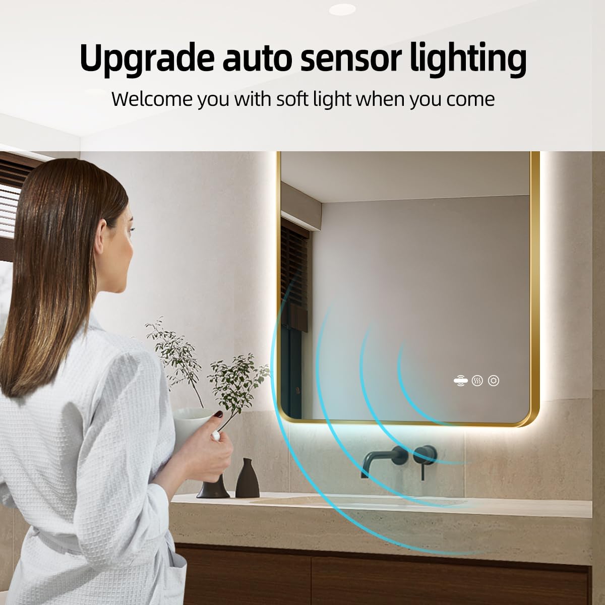 Condition photo showing New/Like New for nolsia 24" x 32" gold led bathroom mirror with lights, motion sensor, anti-fog, smart mirror bathroo