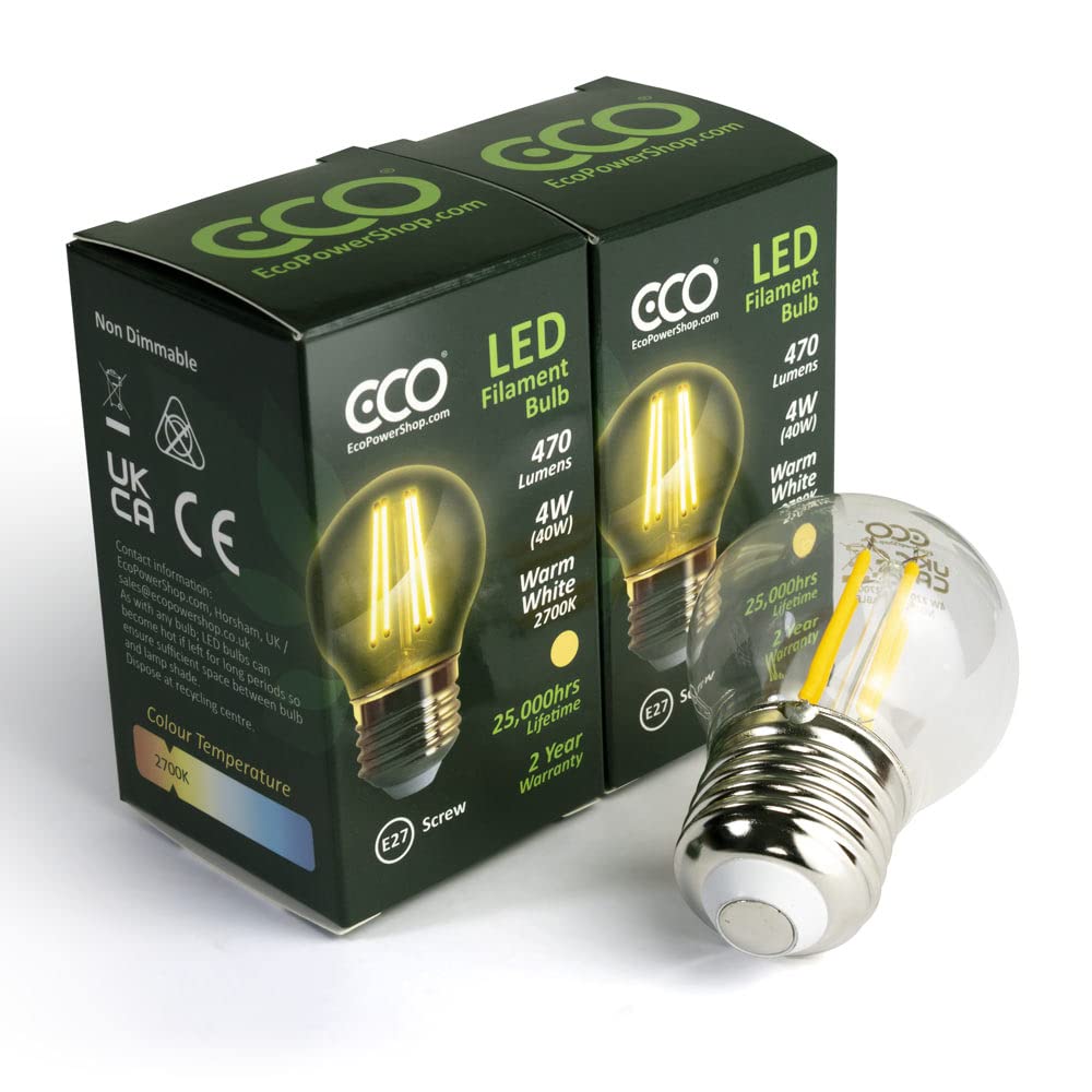ECO 40W Vintage LED Golf Ball Bulb, Low Energy 4W LED Filaments, 470 Lumen, Clear Glass, Warm White (2700K), E27 Large Edison Screw Fitting, G45 Golf Ball Size, 25000Hrs Lifetime