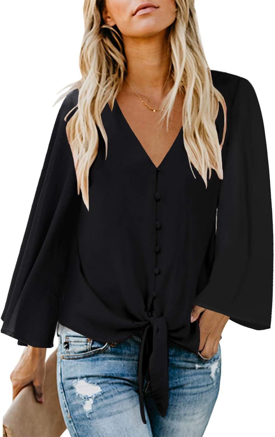 luvamia Women's V Neck Tops Ruffle 3/4 Sleeve Tie Knot Blouses Button Down Shirts at  Women’s Clothing store