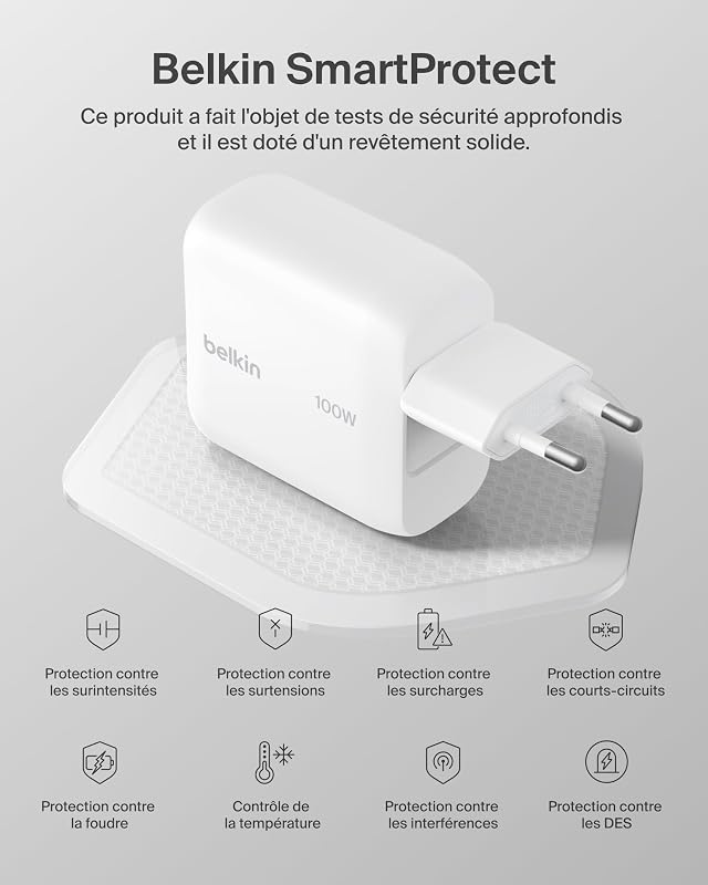 BoostCharge Chargeur Secteur GaN USB-C 100 W, Chargeur Compact Et Pliable, Recharge Rapide, pour iPhone 17, Samsung Galaxy S26, Pixel 10, AirPods, Tablette, MacBook, Chromebook - Blanc