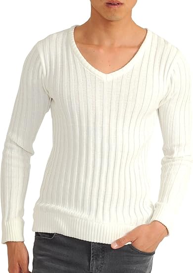 Amazon スペイド Spade セーターメンズ リブ編み Vネック ざっくり ニット ストレッチ W999 M ホワイト セーター 通販