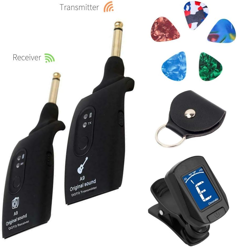 Wireless Guitar Transmitter Receiver Gift Bundle: Guitar Tuner, Picks and Pick Case for Electric Acoustic Bass, Violin, Amp - Cable Free Adapter System with 4 Channels