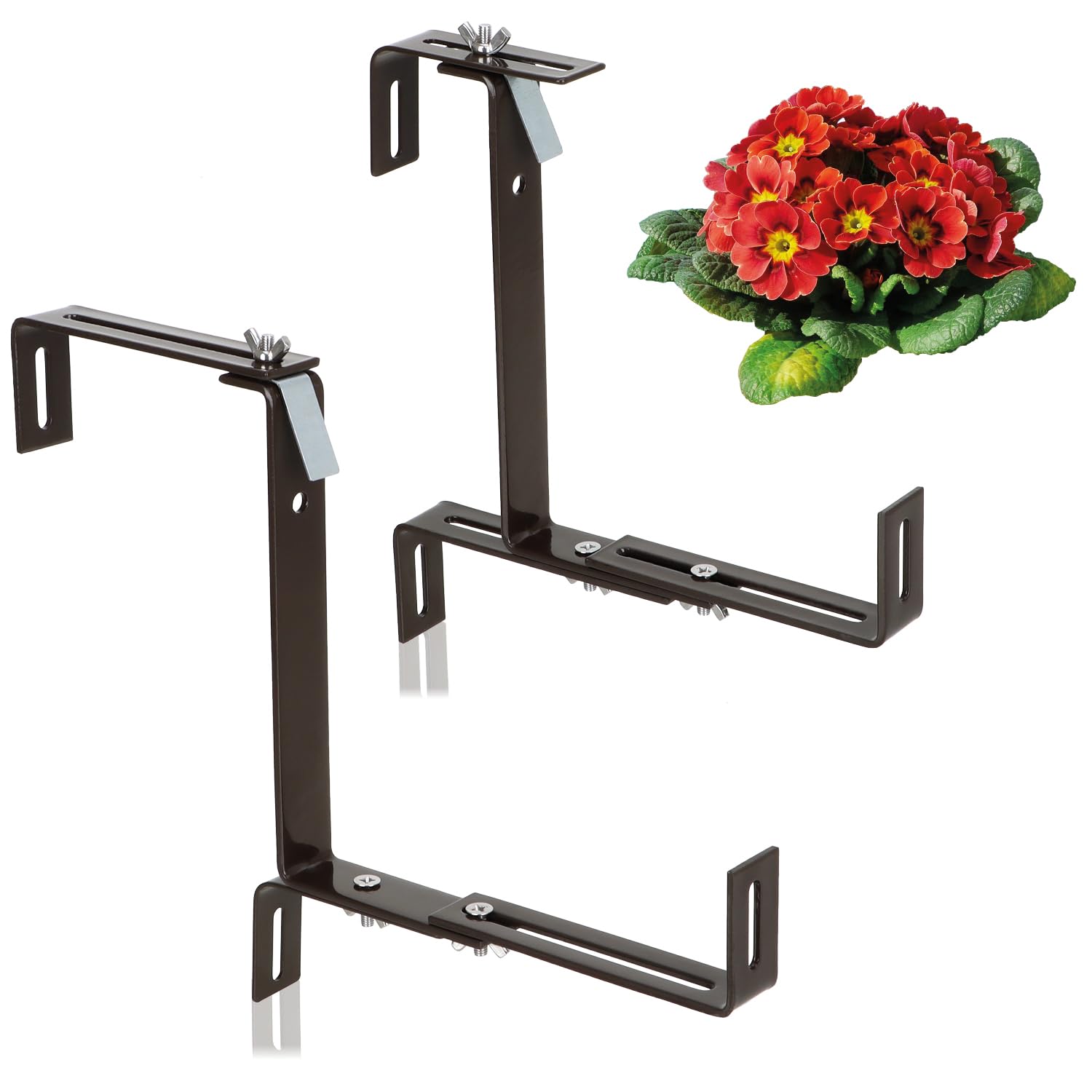 com-four® 2x premium flower box holders for balcony balustrades and railings - flexible attachment made of rust-proof stainless steel for plant boxes - 2-way adjustable (2x brown)