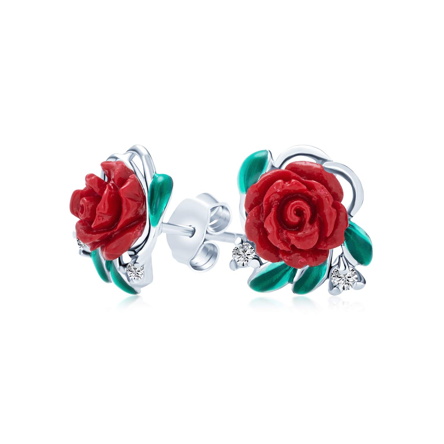 Romantic Delicate Floral Blooming Flower CZ Green CZ Leaf 3D carved Red Rose Stud Earrings For Women Teen .925 Sterling Silver