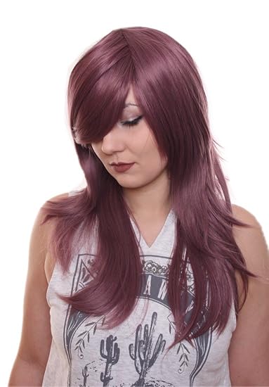 Prettyland C334 Lunga Parrucca Capelli Lunghi 60 Cm Taglio Scalato Riga Laterale Frangetta Lungae Plum Viola