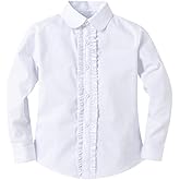 Bienzoe Girls Shirt Long Sleeve: White Button Up Kids School Uniform Cotton Oxford Collared Ruffle Dress Blouse