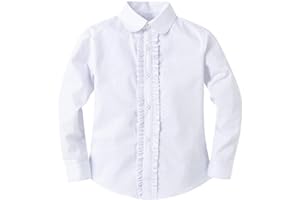Bienzoe Girls Shirt Long Sleeve: White Button Up Kids School Uniform Cotton Oxford Collared Ruffle Dress Blouse