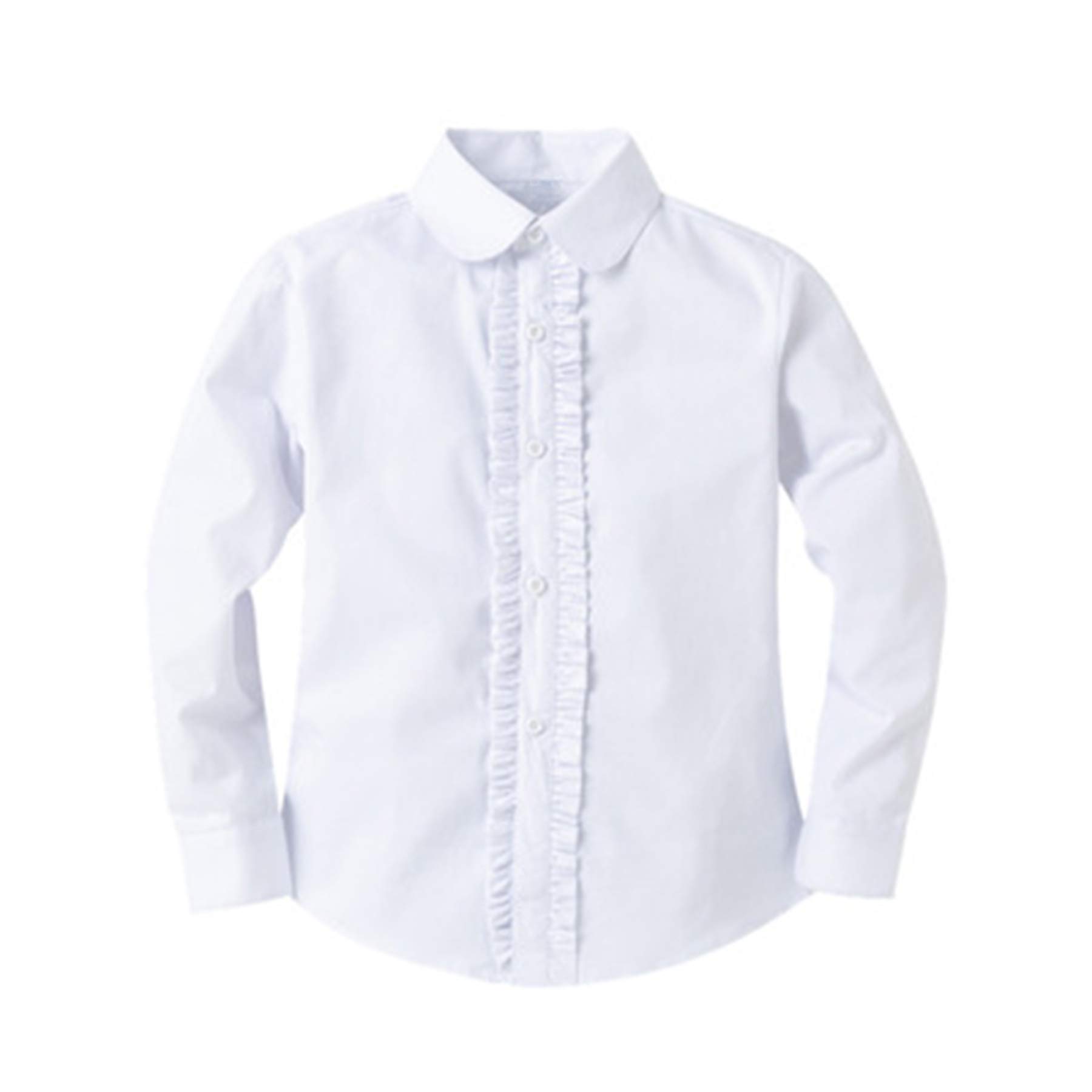 BienzoeGirls Shirt Long Sleeve: White Button Up Kids School Uniform Cotton Oxford Collared Ruffle Dress Blouse