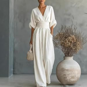 V-Neck Ruched Waist Wide Leg Jumpsuit, Elegant Loose-Fit Flowy Solid Jumpsuit for Women,Casual & Office Wear