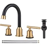 WOWOW 3 Hole Bathroom Faucet Widespread Bathroom Sink Faucet with Pop Up Drain Stopper Vanity Faucet 2 Handle Basin Taps Black and Gold Mixer Tap with Supply Hoses