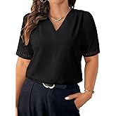 Eytino Plus Size Tops for Women Dressy Casual Pleated V Neck Short Sleeve Business Work Office Blouses Shirts(1X-5X)