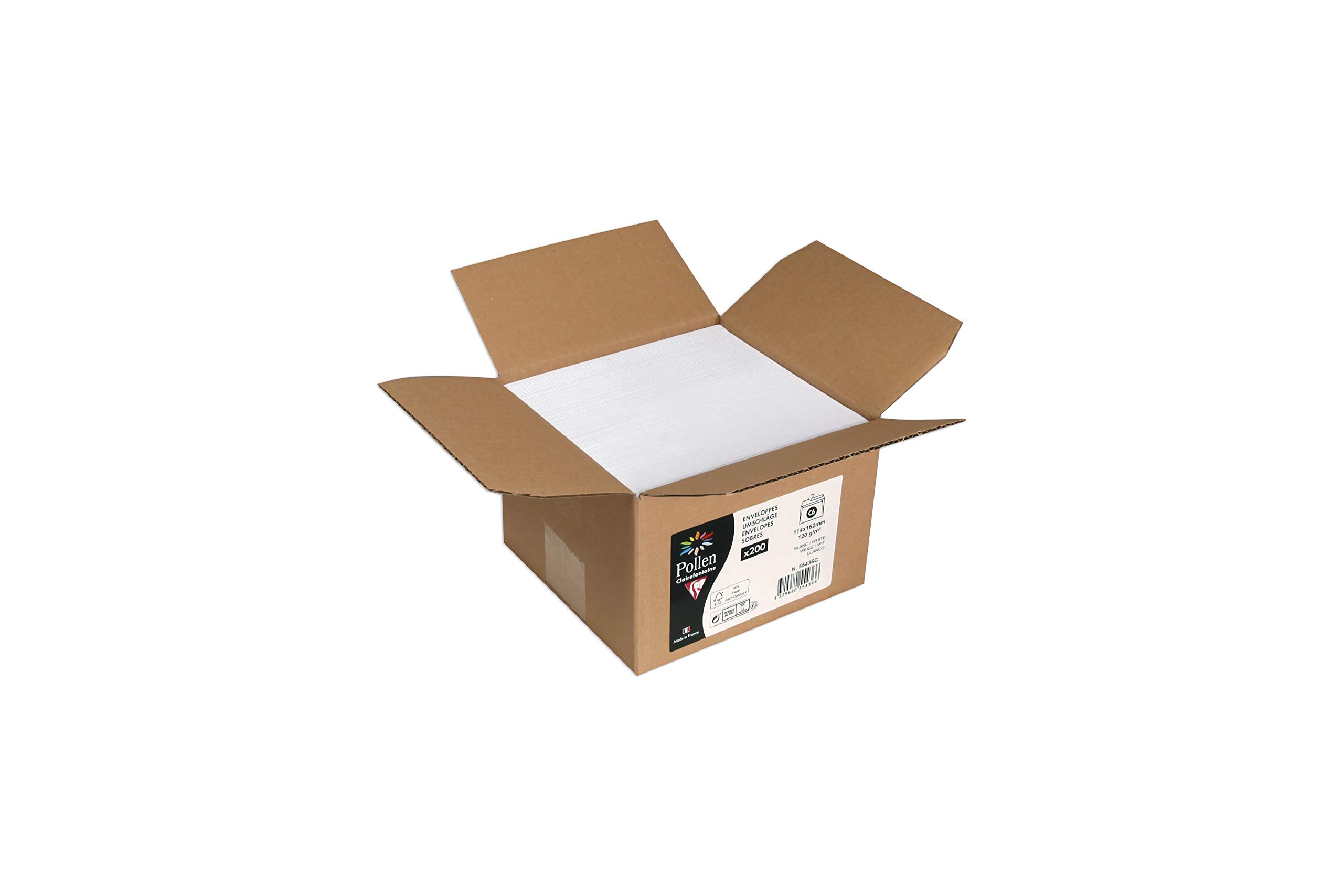 Clairefontaine 55436C Carton of 200 Self-Adhesive Envelopes Format C6 (11,4x16,2cm) 120g/m² White Invitation Events Correspondence Range Pollen Premium Paper
