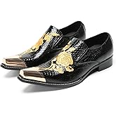 Santimon Men’s Genuine Leather Embroidered Loafers – Handmade Snakeskin Dress Shoes with Gold Metal Toe, Luxury Slip-On Casual Party Shoes for Wedding, Prom, Disco & Nightclub