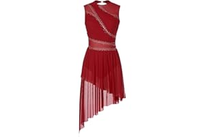 HULIJA Women Rhinestone Lyrical Dance Dress Irregular Flowy Tulle Skirt Leotard Figure Ice Skating Dancewear