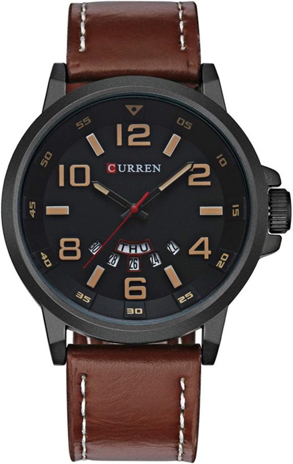 New Wrist Watches for Men Original Genuine Leather Quartz Date Week Waterproof Sport Watch 9061 Brown Black