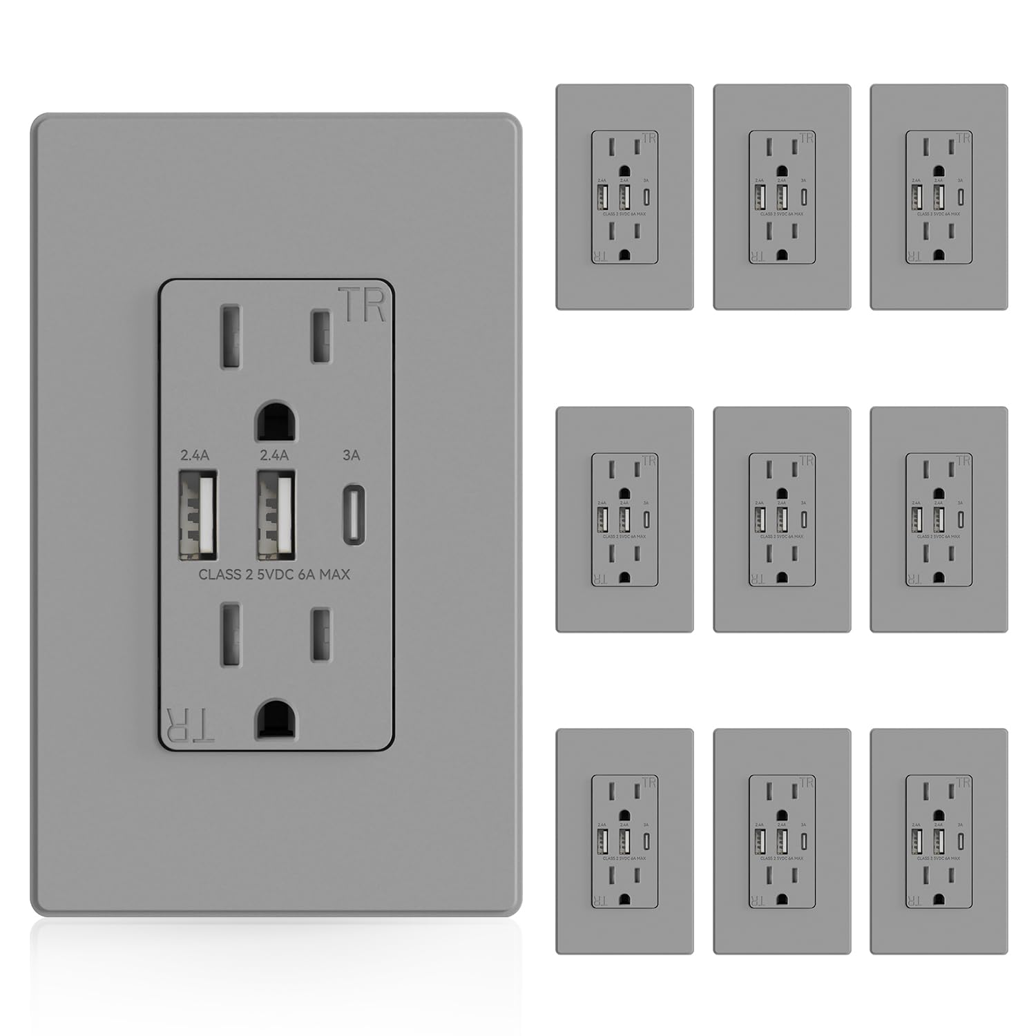 ELEGRP USB Outlets Receptacles, 3-Port Wall Outlet, 30W 6.0A Electrical Outlet, 15 Amp Tamper-Resistant Outlet with Type C Ports, UL Listed, Wall Plate Included, 10 Pack, Matte Gray Image