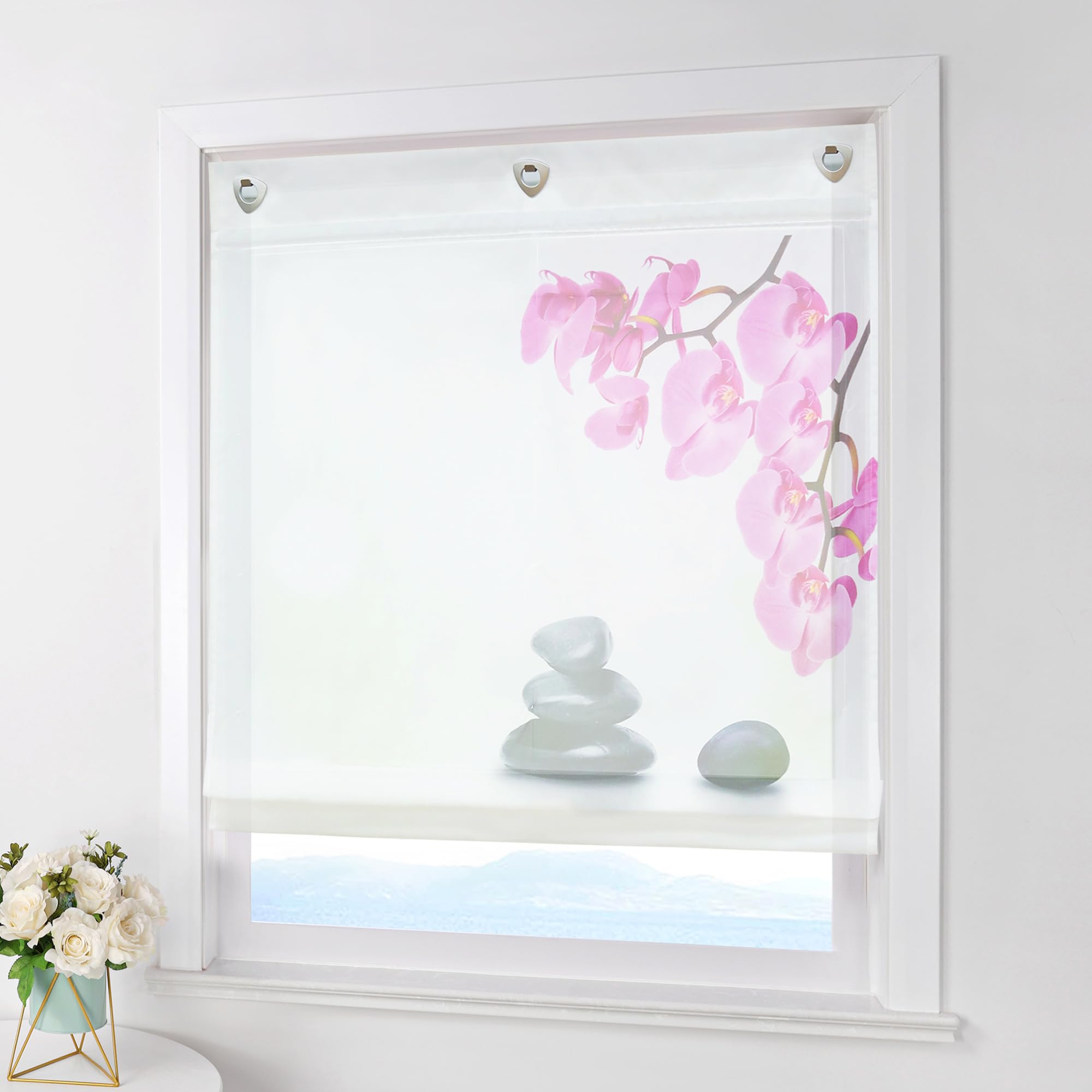 ESLIR Roman Blind No Drilling Curtains Kitchen Roman Curtains with Eyelets Transparent Eyelet Blind Curtains with Flowers Print Voile White W x H 100 x 140 cm 1 Piece