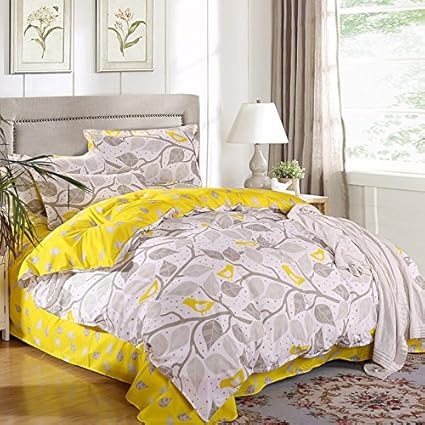 Lightinthebox Outlet Wonderful Grey And Yellow Leaves Bedding Sets Cool Bed Linen Printed Soft Sheet Set Duvet Cover Set Set Of 4 King