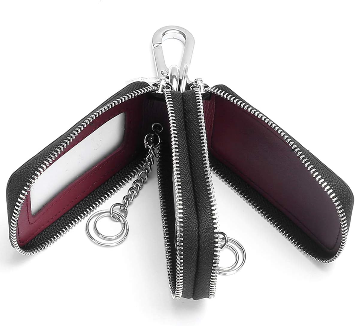 Aileder Car Key Case Wallet Genuine Leather Car Keyring Purse Keychain Holder Metal Hook and Window Double Zipper Bag for Remote Key Fob (Black) - Image 5