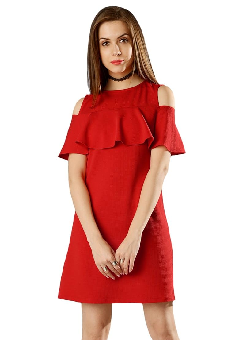 aashish garments women's red cold shoulder ruffle dress