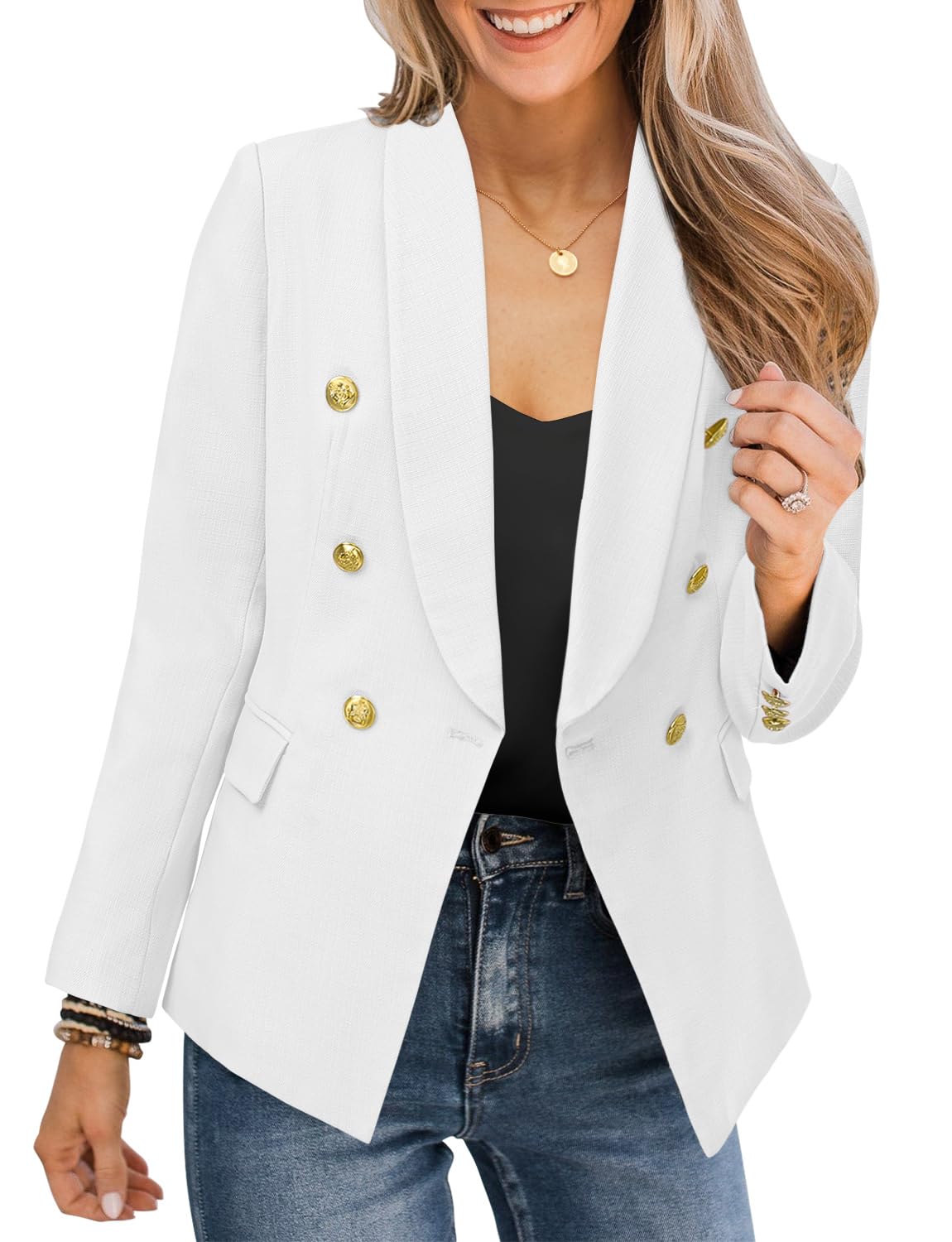 Photo 1 of CRAZY GRID Women Business Casual Blazer Double Breasted Work Professional Blazer Jackets Long Sleeve Gold Buttons Fashion Suit Jacket L White