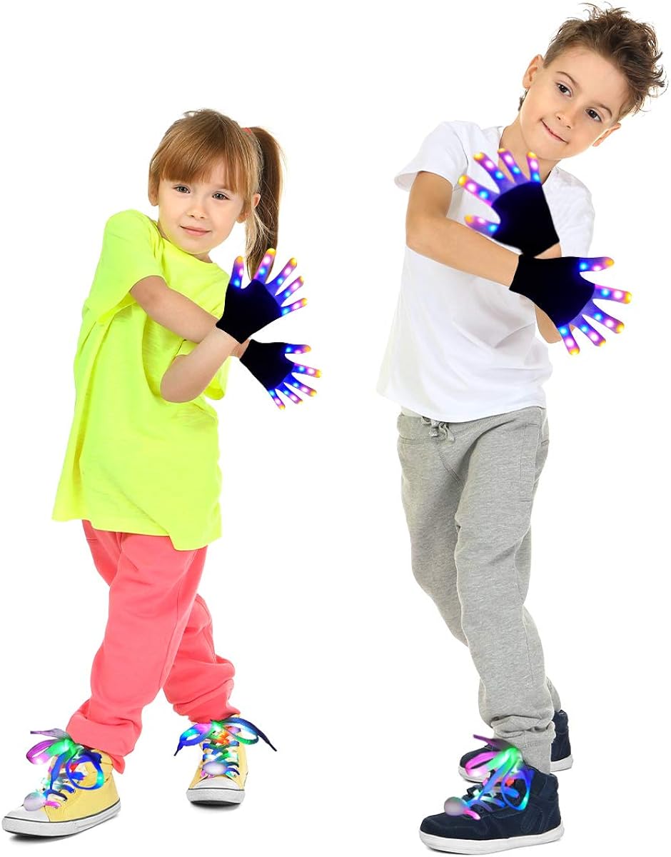 Aywewii Led Finger Gloves, Led Gloves LED Shoelaces Set Light Up Toys for Boys Girls, Flashing Gloves for Christmas Thanksgiving Birthday Glow Halloween Costume Party: Clothing