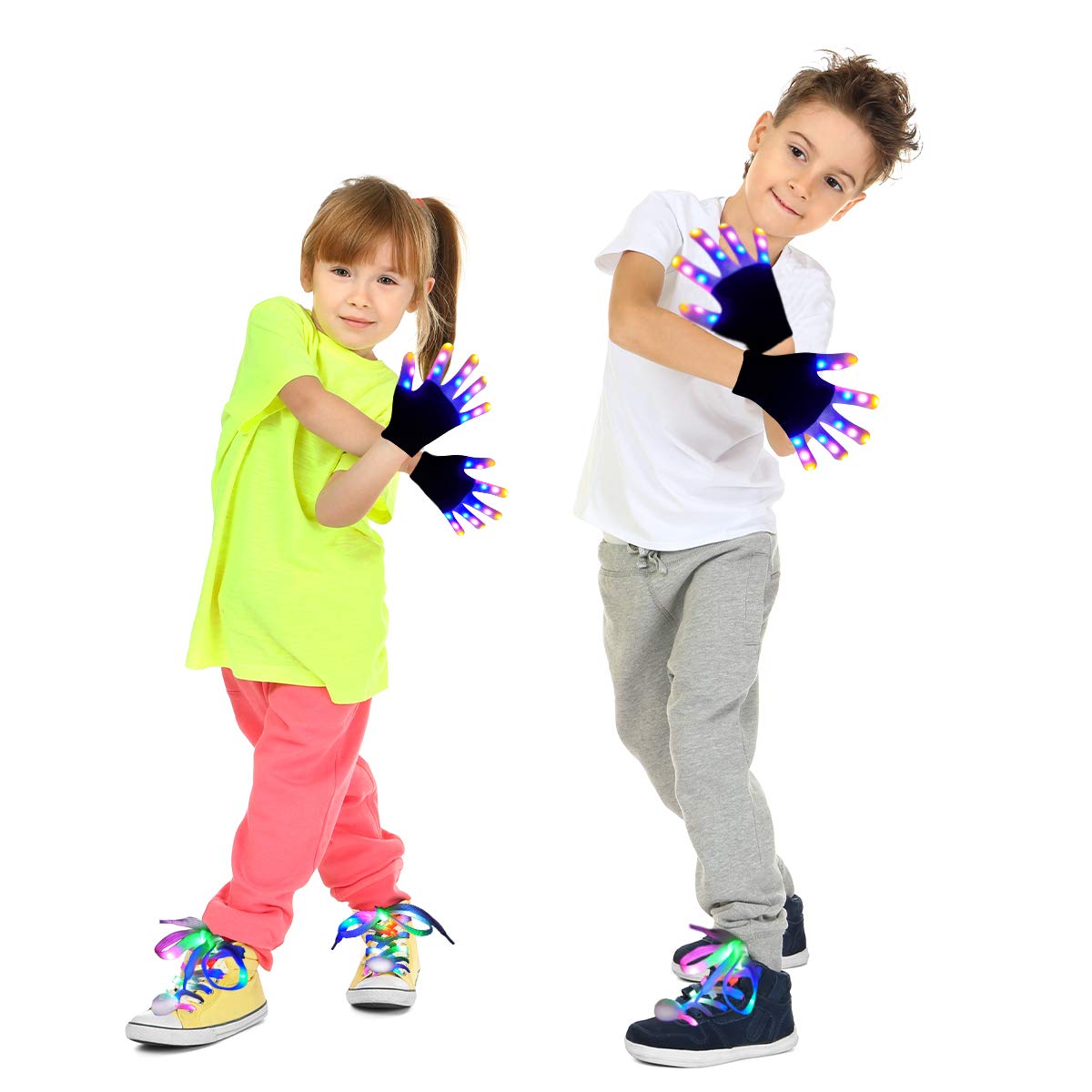 Aywewii LED Gloves for Kids Flashing Finger Light Up Gloves LED Shoelaces Set, LED Warm Gloves Kids Toys (Black)