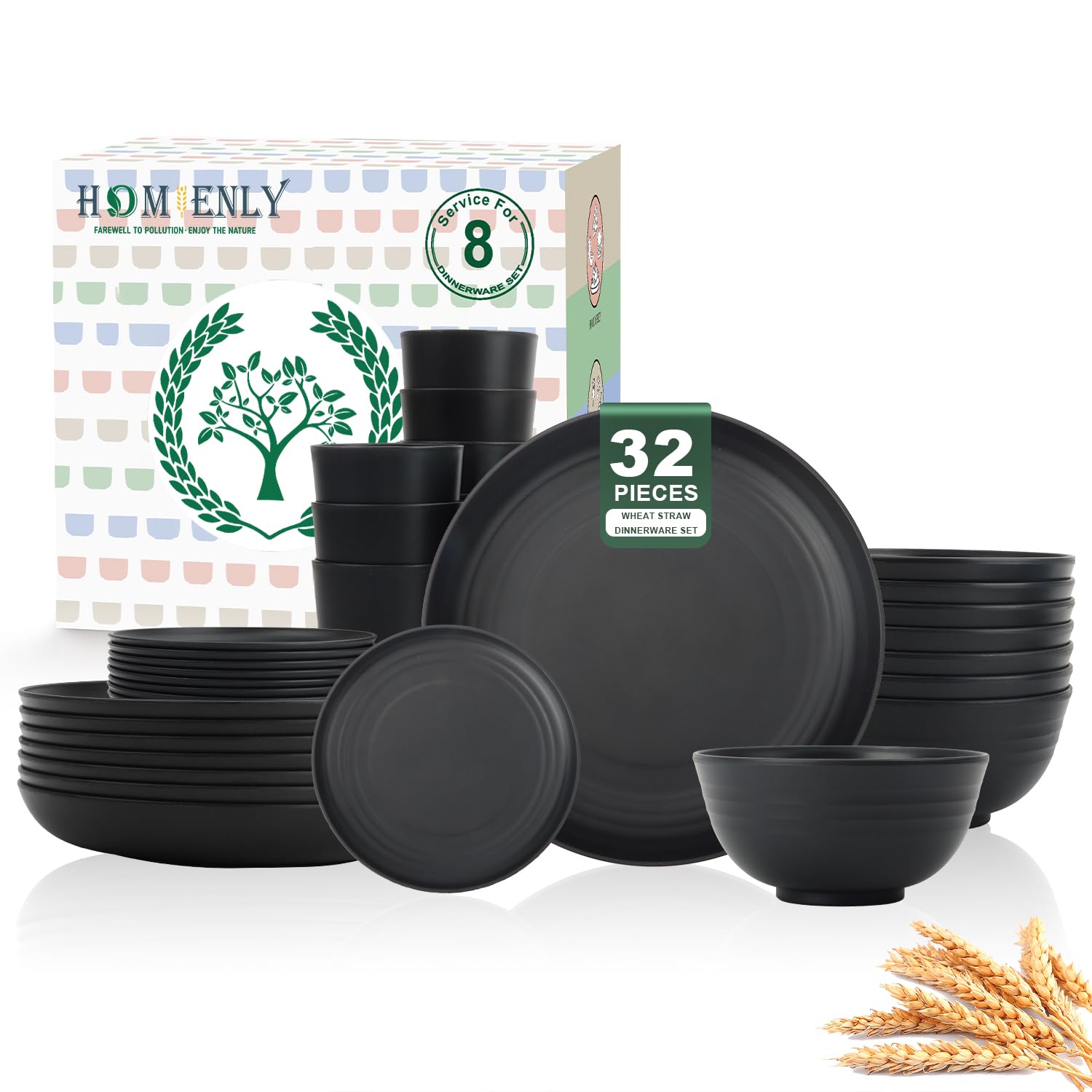 Photo 1 of Homienly Wheat Straw Plates and Bowls Sets, Dishes Set for 8, Wheat Straw Dinnerware Set for Kitchen 32-Piece - Deep Plates Sets, Cereal Bowls with Drinking Cups, Microwave and Dishwasher Safe, Black