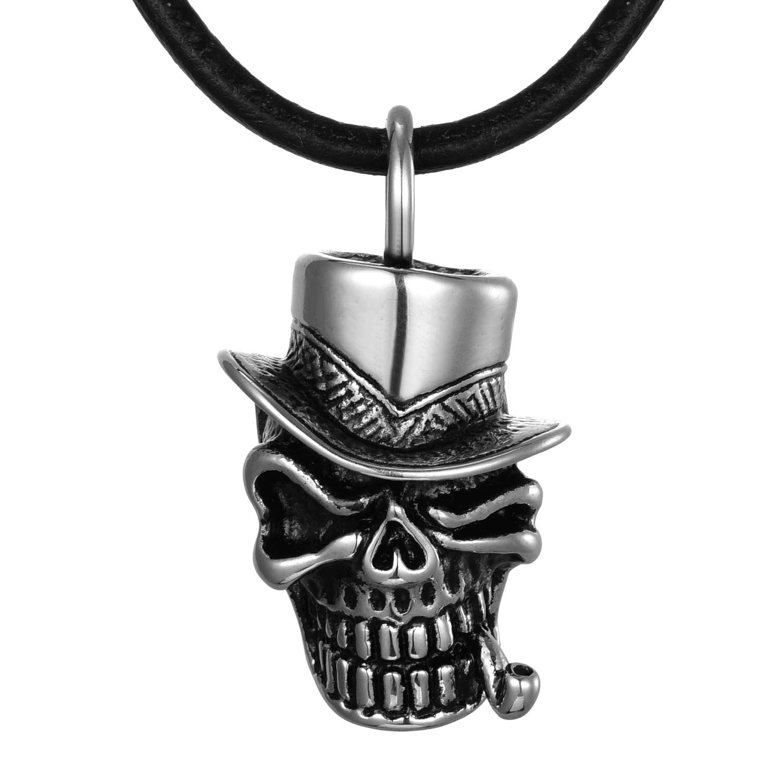 DonDon Men's Leather Necklace 19.69 inch - 50 cm Stainless Steel Skull with Pipe Pendant in Jewellery Pouch — image 1