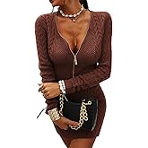 Veatzaer Womens Zipper V-Neck Casual Slim Fit Sweater Dress Long Sleeve Solid Sweaters Knit Mini Dress