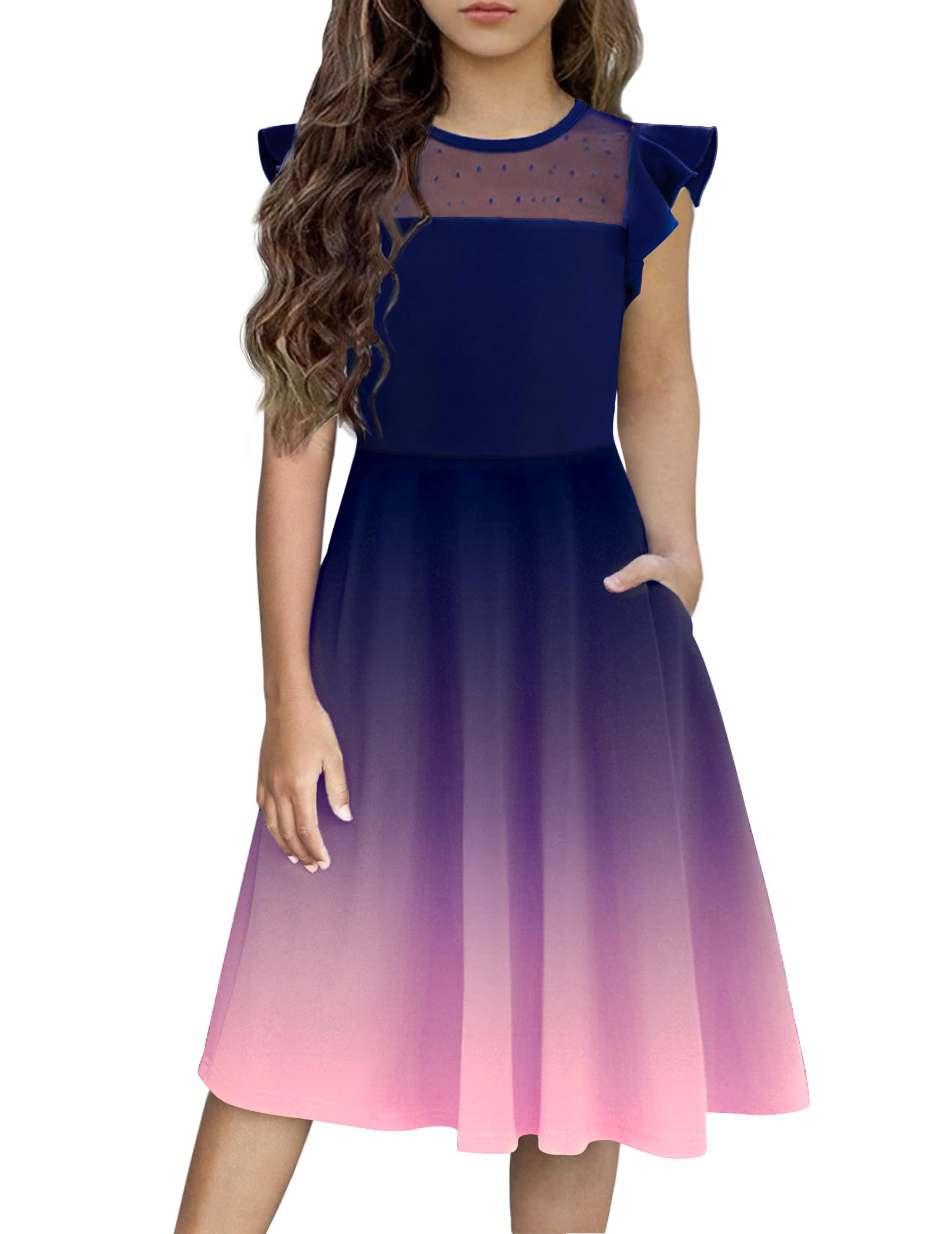 Photo 1 of Flypigs Girls Dress Summer Ruffle Short Sleeve Party Formal Special Occasion Girl Tween Dresses Navy Blue 6-7 Years size 120