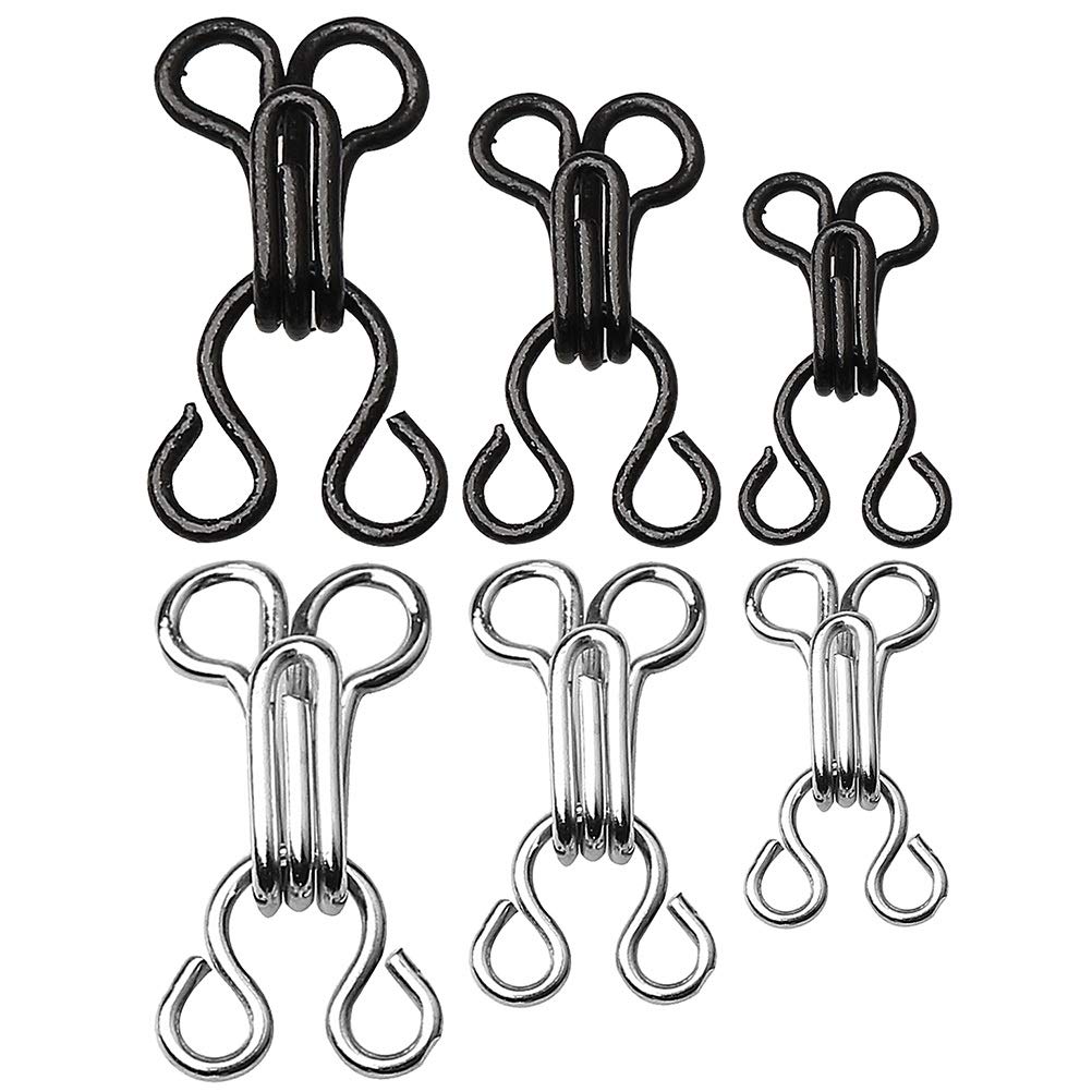 kuou 50 Sets Sewing Hooks and Eyes Closure for Sewing, 3 Sizes Sewing Hooks Coat Hook Fastener Large for Bra Skirt Clothing Trousers Hooks Metal Eyes Fasteners(Silver、Black)