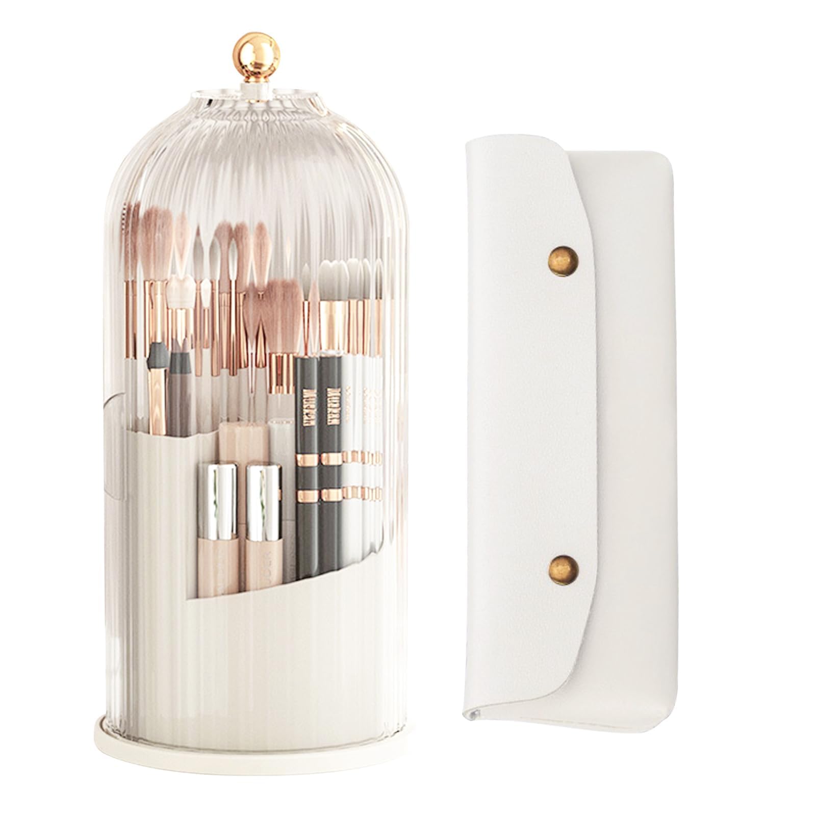 Longzhuo Makeup Brush Holder Organizer, 360° Rotating Cosmetic Organizer with Lid, Dustproof Bag, Beauty Brushes Organiser for Dressing Table Bedroom And Bathroom Storage, White (HGY0065-01)