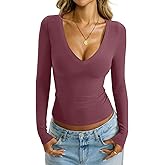 EasyGala Womens Deep V Neck Long Sleeve Shirts Sexy Slim Fit Tops Basic Tees Spring Outfits Fashion Clothes 2026