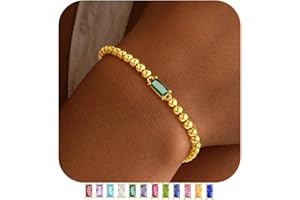 Yoosteel Dainty Birthstone Bracelet for Women - Elastic 14K-Gold-Plated Bead Bracelets Trendy Friendship Birthday Jewelry Gifts Christmas Stocking Stuffer for Women