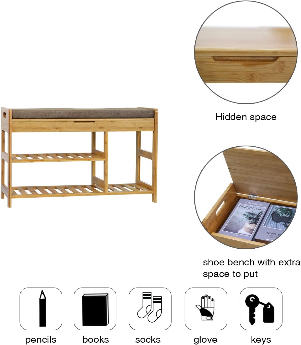 C&AHOME Shoe Rack Bench, Entryway 3-Tier Shoe Organizer, Max Load 270 LBS, Bamboo Storage Shelf with Cushion for Boots, Modern Stool for Bedroom Living Room, 31.5" L x 11.6" W x 19.3" H Natural: Kitchen & Dining