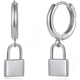 MYEARS Women Lock Earrings Sliver Huggie Hoop Padlock Dangle Drop Platinum Plated Small Boho Beach Simple Delicate Handmade Hypoallergenic Jewelry Gift