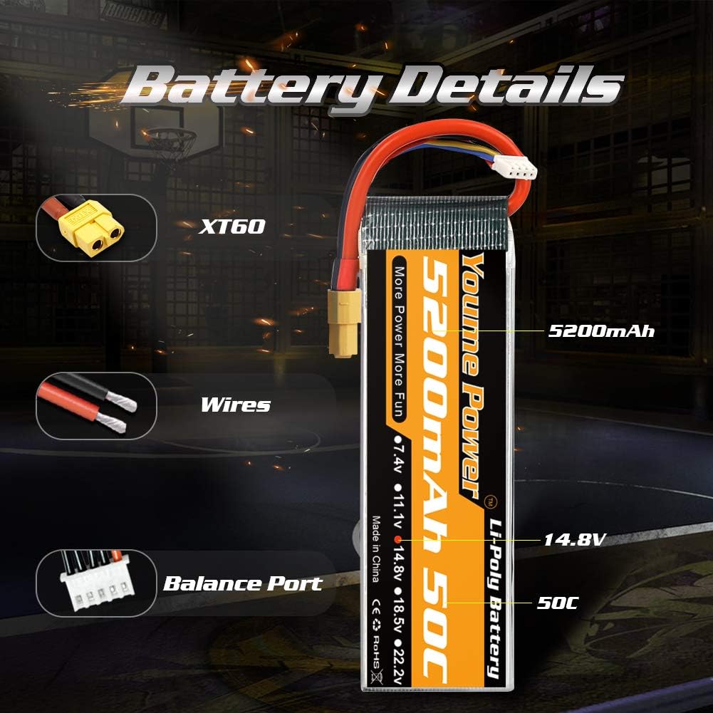 Youme 4s lipo Battery 5200mAh, 14.8v Lipo Battery 50C XT60 and Deans T Connector for RC Car RC Truck, RC Truggy - Image 4