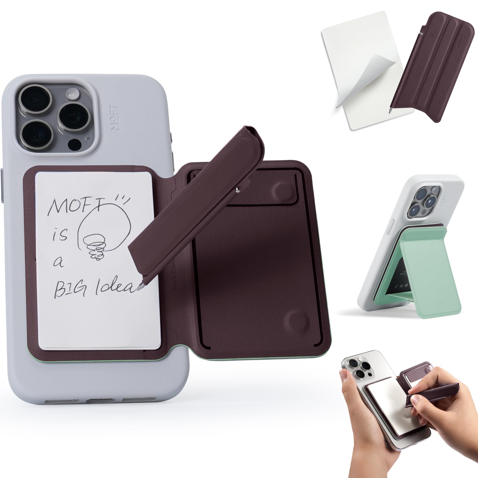 MOFT Snap Flow Phone Stand, Action Inspiration Magnetic Notepad Stand, Includes Two Types of Notepad and Magnetic Invisible Pen, Peppermint + Blueberry