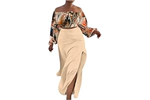 DDAPJ pyju Women's Sexy 2 Piece Skirt Outfits Plus Size Lantern Sleeve Off Shoulder Ruched Crop Top High Slit Maxi Skirts Set