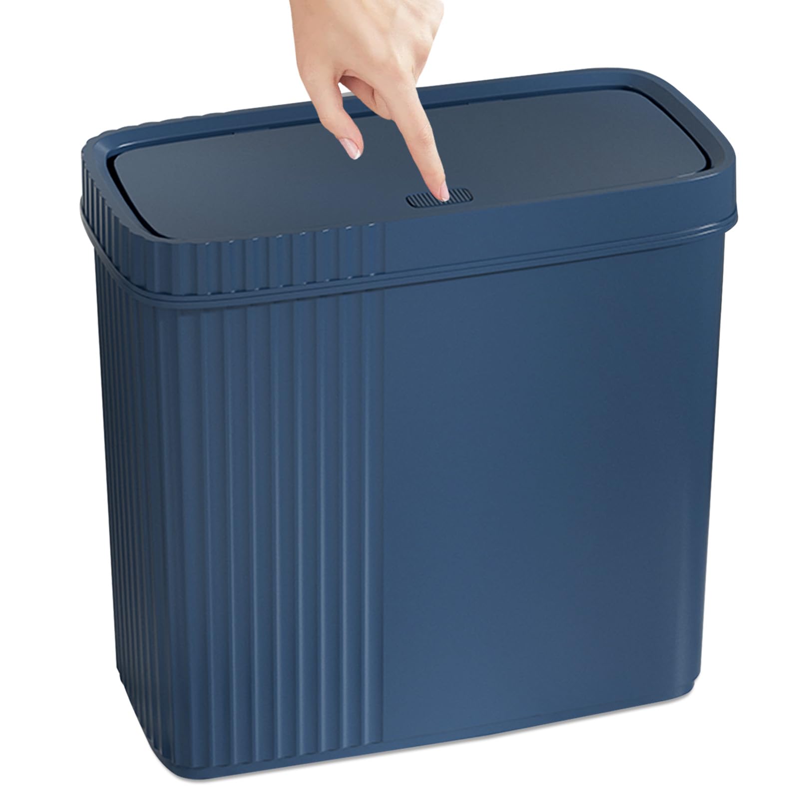 Photo 1 of UUJOLY Small Bathroom Trash Can with Lid Slim Wastebasket Garbage Can Plastic Container Basket Trash Bin for Kitchen, Laundry Room, Office, Kids Room, Dorm, Navy Blue, 3.2 Gallon