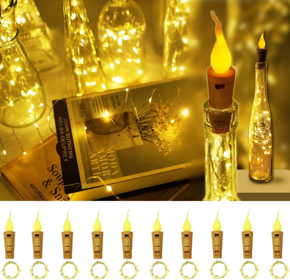 Decorman Wine Bottle Cork Lights with Candle Flame 10 Packs 20 LED Warm White Battery Operated Copper Wire String Lights Mini Starry Fairy Lights for Party, Wedding, Christmas, Halloween (Warm White)